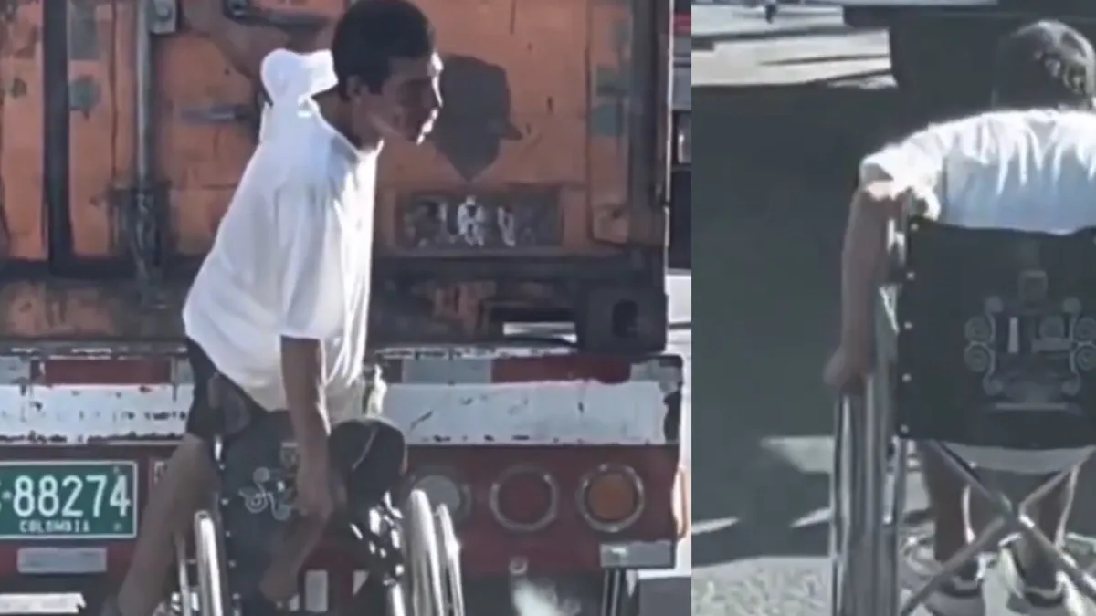 Indignante video: falso discapacitado se levanta de su silla de ruedas y se cuelga de una tractomula en plena autopista